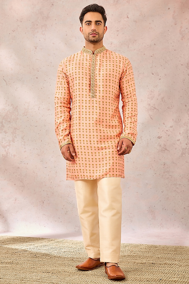 Pink Viscose Raw Silk Embroidered Kurta by Masaba Men