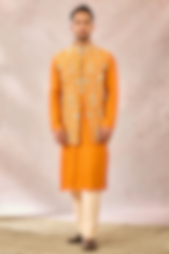 Mustard Heavy Raw Silk Motifs Bundi Jacket Set by Masaba Men