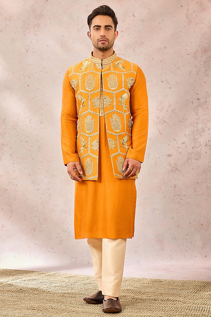 Mustard Heavy Raw Silk Motifs Bundi Jacket Set by Masaba Men