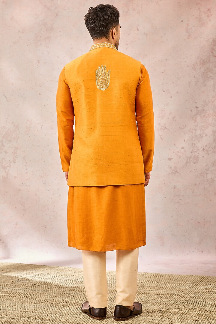 Mustard Heavy Raw Silk Motifs Bundi Jacket Set by Masaba Men at Pernia's Pop Up Shop