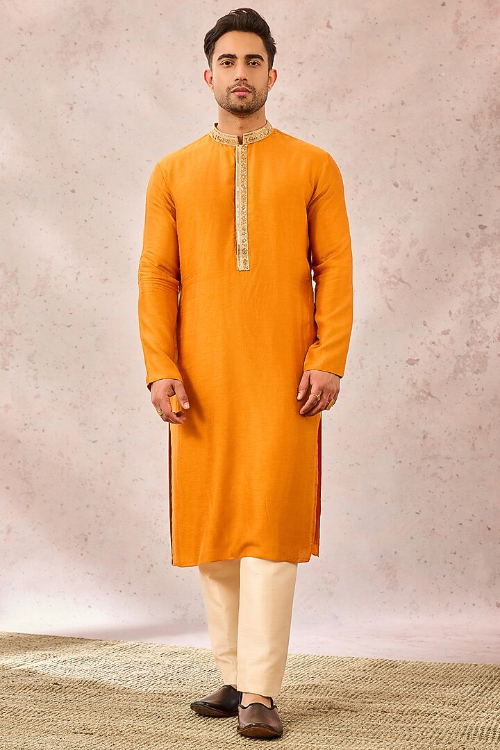 Mustard Heavy Raw Silk Motifs Bundi Jacket Set by Masaba Men at Pernia's Pop Up Shop