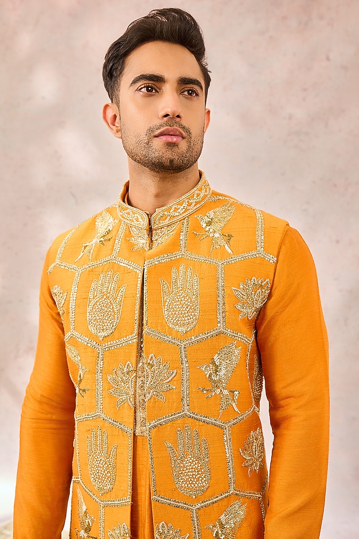 Mustard Heavy Raw Silk Motifs Bundi Jacket Set by Masaba Men at Pernia's Pop Up Shop