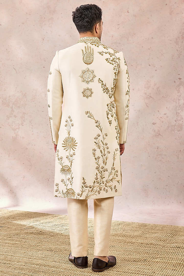 Ivory Dupion Silk Embroidered Groom Sherwani Set by Masaba Men at Pernia's Pop Up Shop