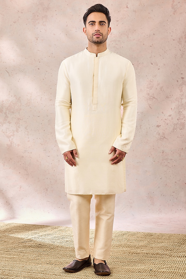 Ivory Dupion Silk Embroidered Groom Sherwani Set by Masaba Men at Pernia's Pop Up Shop