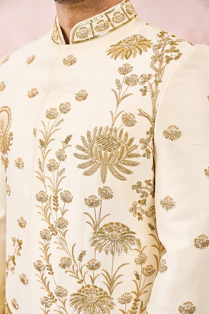 Ivory Dupion Silk Embroidered Groom Sherwani Set by Masaba Men at Pernia's Pop Up Shop