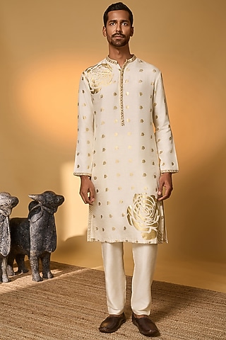 Ivory Raw Silk Foil Printed Kurta Set by Masaba Men