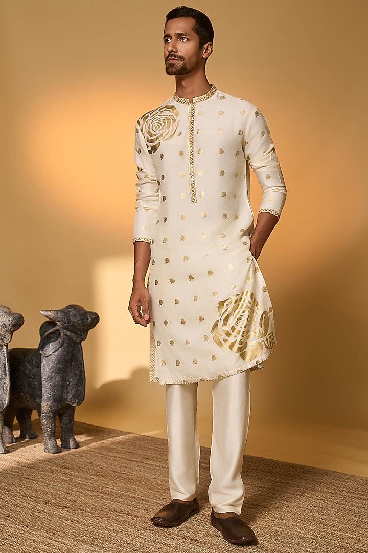 Ivory Raw Silk Foil Printed Kurta Set by Masaba Men at Pernia's Pop Up Shop