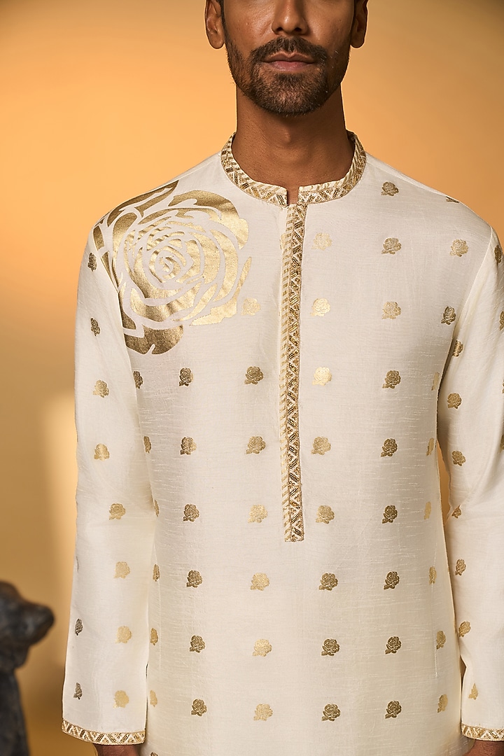 Ivory Raw Silk Foil Printed Kurta Set by Masaba Men at Pernia's Pop Up Shop