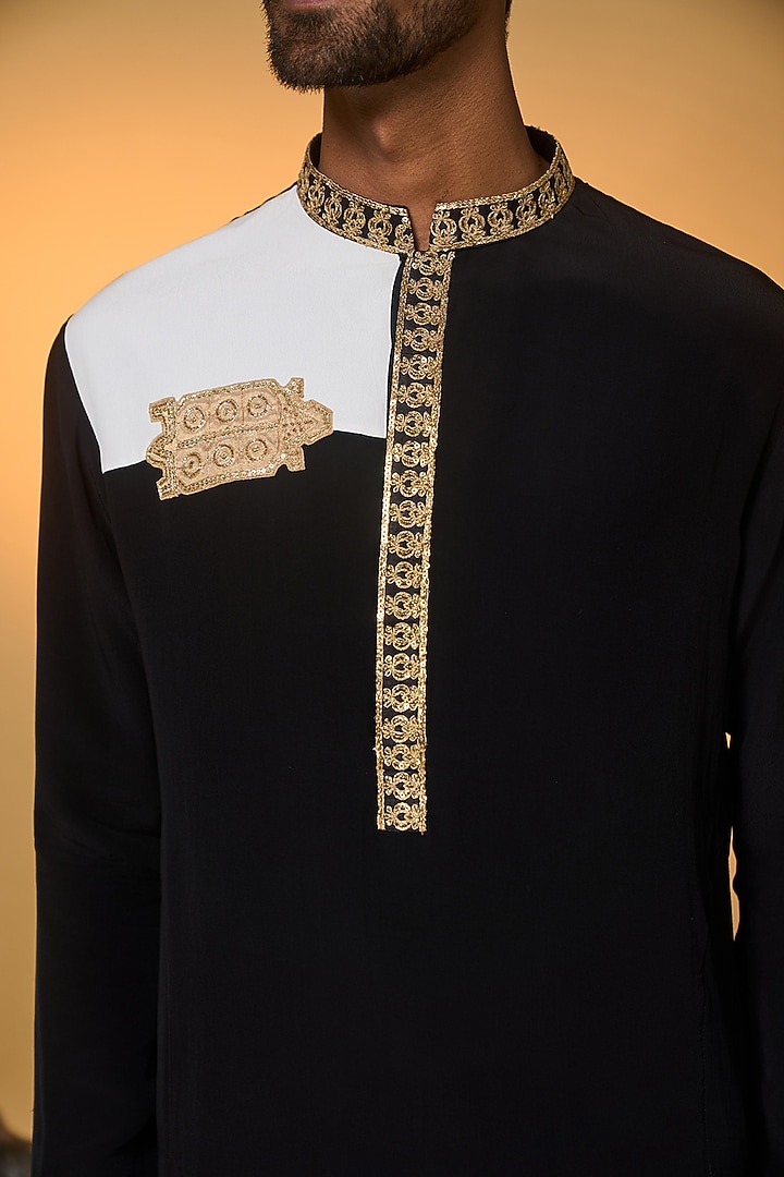 Black & White Crepe Silk Tissue Applique Kurta Set by Masaba Men at Pernia's Pop Up Shop