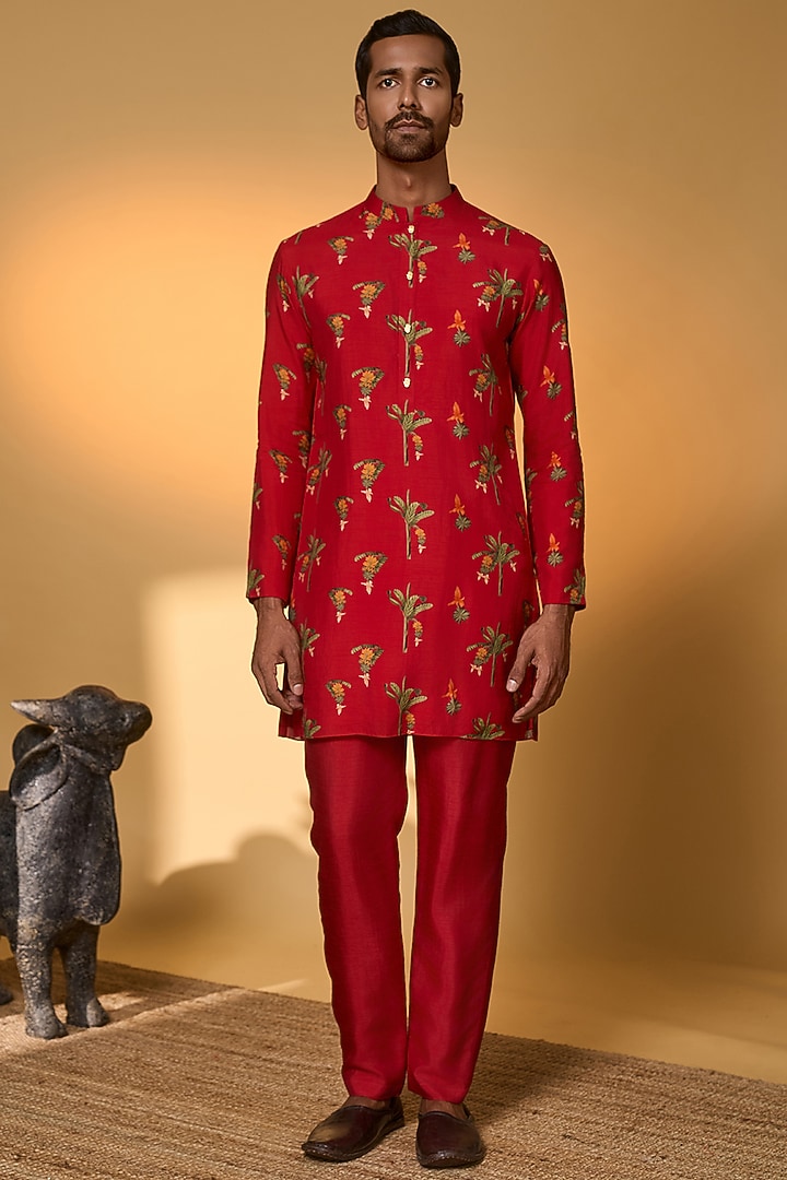 Red Raw Silk Digital Printed Kurta Set by Masaba Men at Pernia's Pop Up Shop