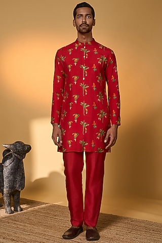 Red Raw Silk Digital Printed Kurta Set by Masaba Men