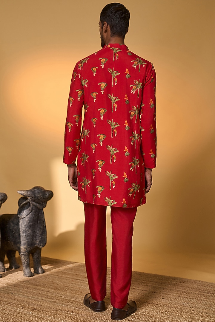 Red Raw Silk Digital Printed Kurta Set by Masaba Men at Pernia's Pop Up Shop