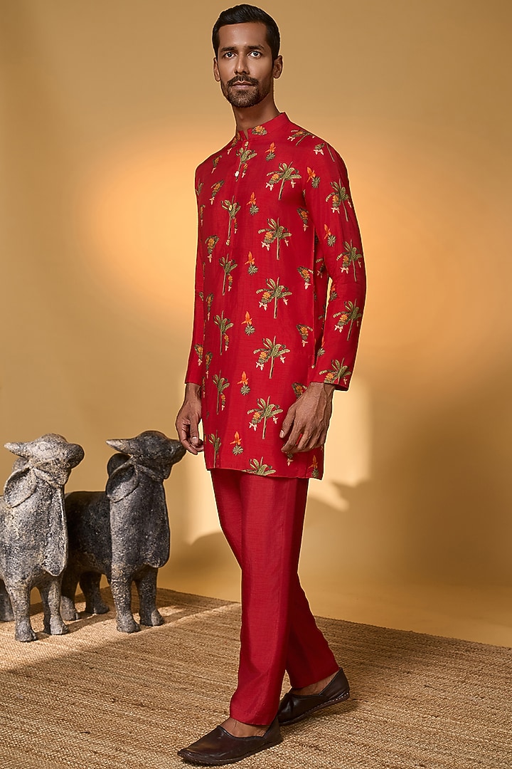 Red Raw Silk Digital Printed Kurta Set by Masaba Men at Pernia's Pop Up Shop