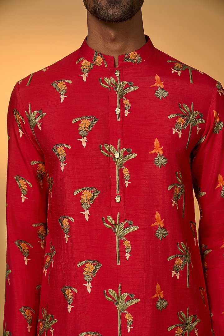 Red Raw Silk Digital Printed Kurta Set by Masaba Men at Pernia's Pop Up Shop