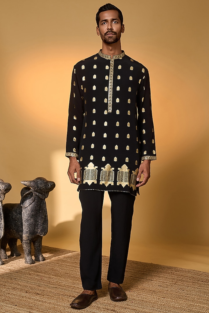 Black Crepe Silk Foil Printed Kurta Set by Masaba Men at Pernia's Pop Up Shop