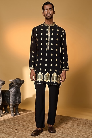 Black Crepe Silk Foil Printed Kurta Set by Masaba Men