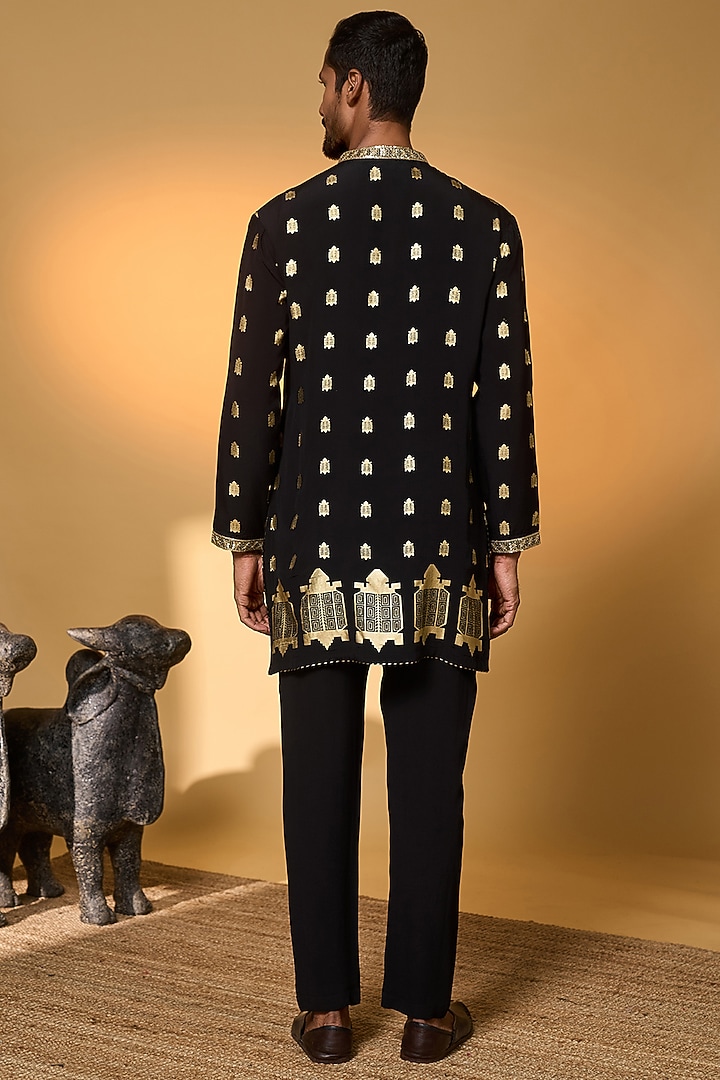 Black Crepe Silk Foil Printed Kurta Set by Masaba Men at Pernia's Pop Up Shop