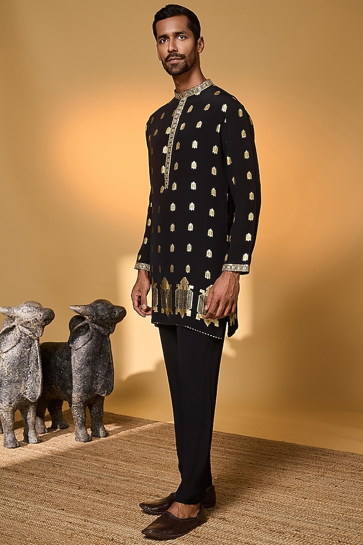 Black Crepe Silk Foil Printed Kurta Set by Masaba Men at Pernia's Pop Up Shop