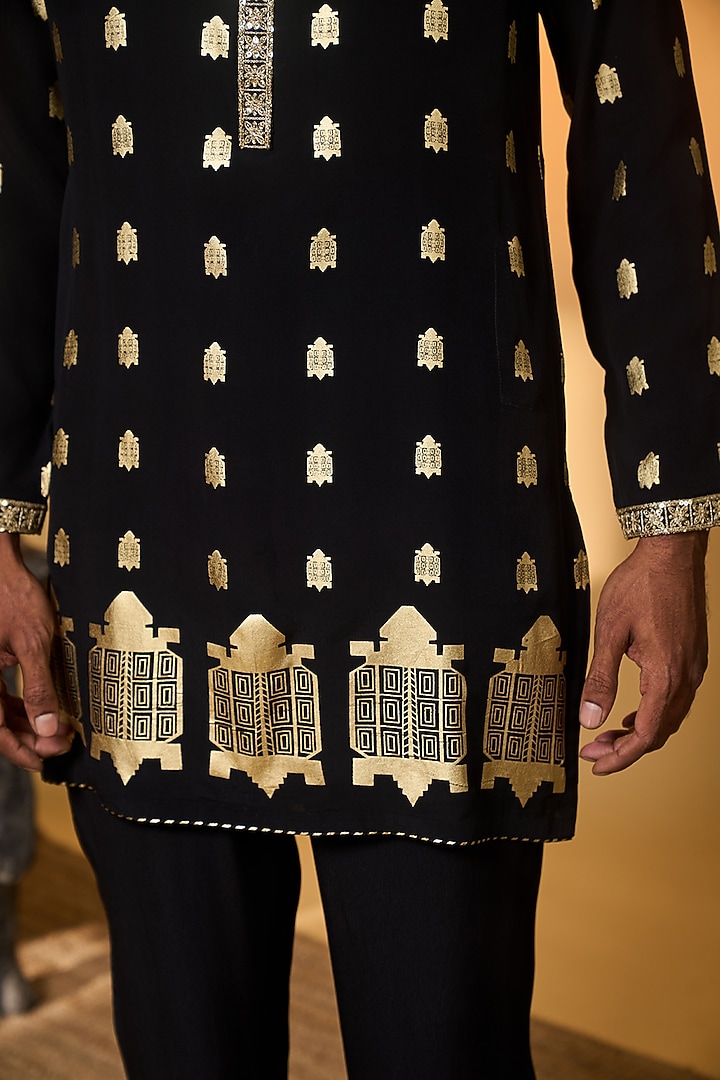 Black Crepe Silk Foil Printed Kurta Set by Masaba Men at Pernia's Pop Up Shop