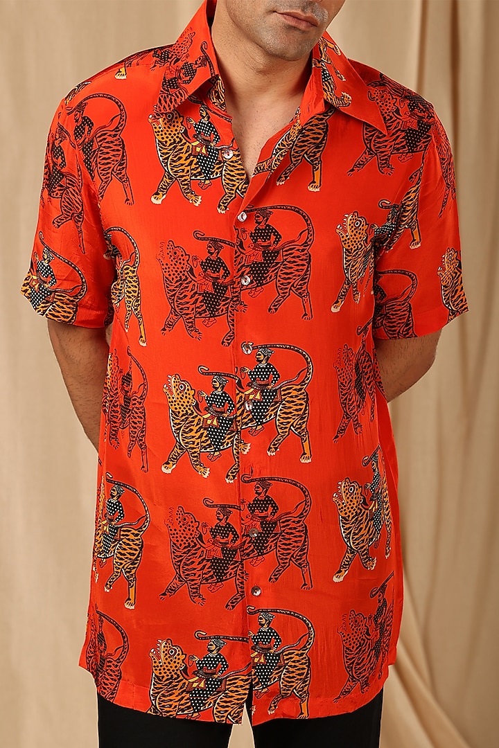 Red Crepe Printed Wedding Shirt by Masaba Men at Pernia's Pop Up Shop