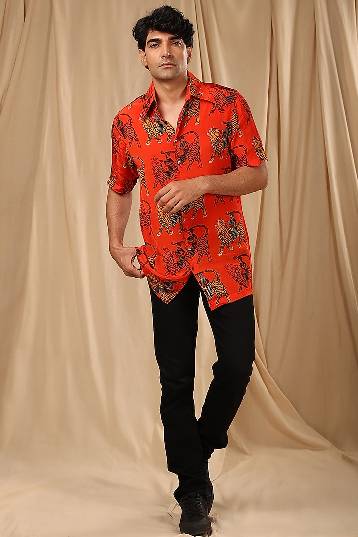 Red Crepe Printed Wedding Shirt by Masaba Men at Pernia's Pop Up Shop