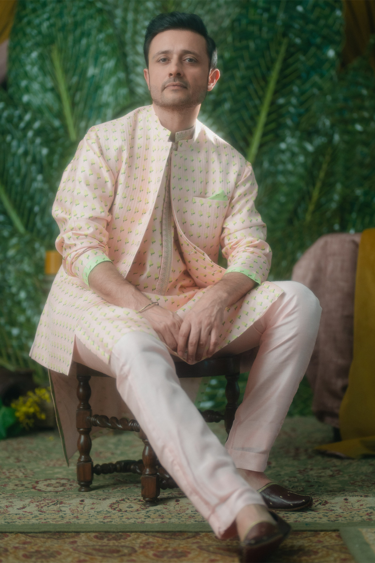 Baby Pink Raw Silk Floral Kurta by Masaba Men at Pernia's Pop Up Shop