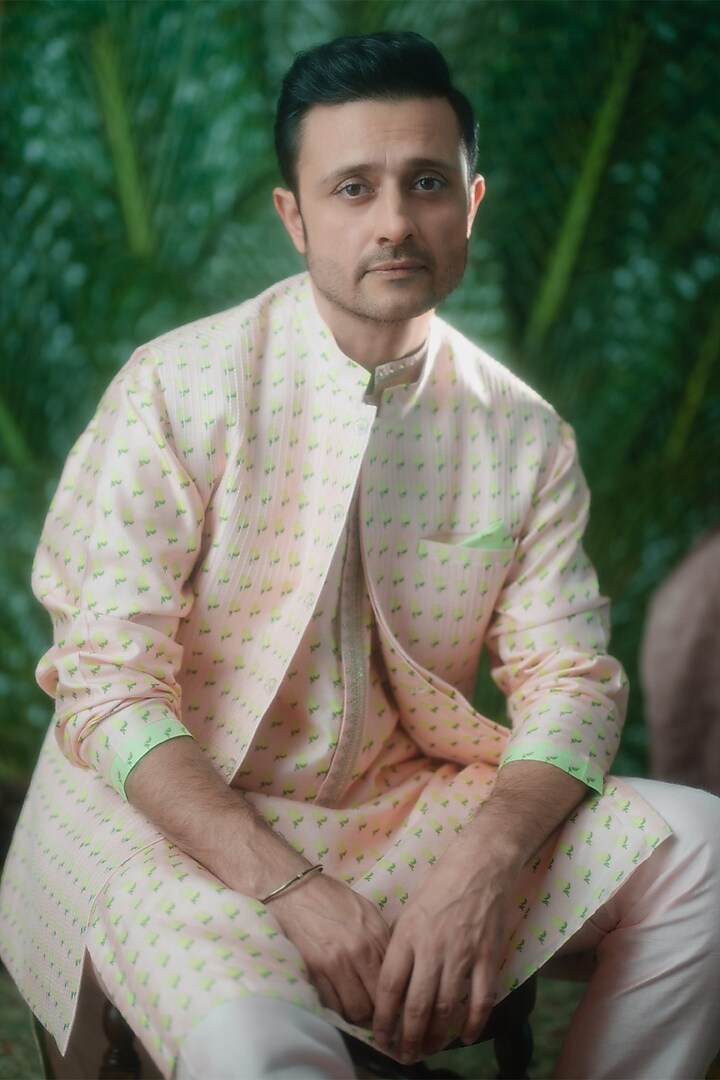 Baby Pink Raw Silk Floral Kurta by Masaba Men at Pernia's Pop Up Shop