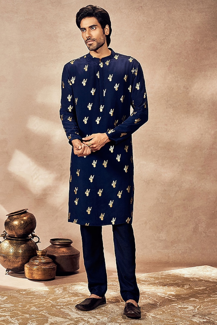 Blue Crepe Silk Foil Printed Kurta by Masaba Men