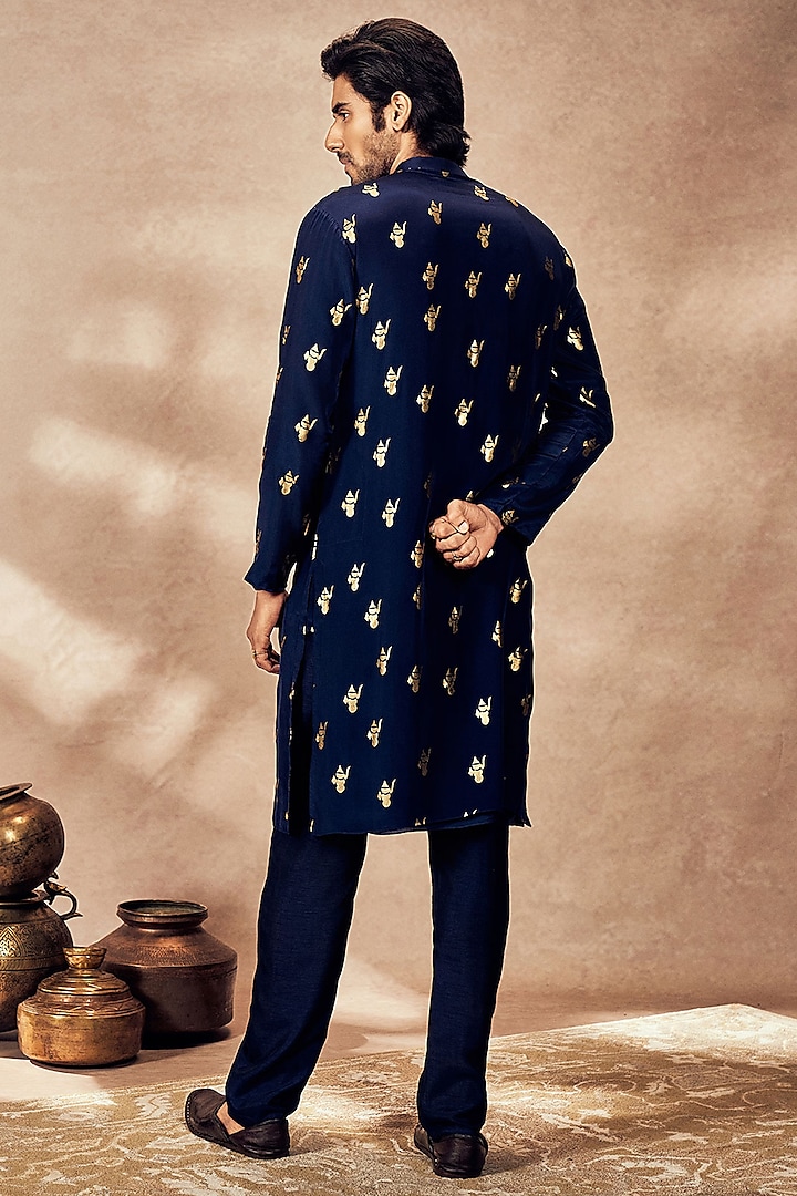 Blue Crepe Silk Foil Printed Kurta by Masaba Men at Pernia's Pop Up Shop
