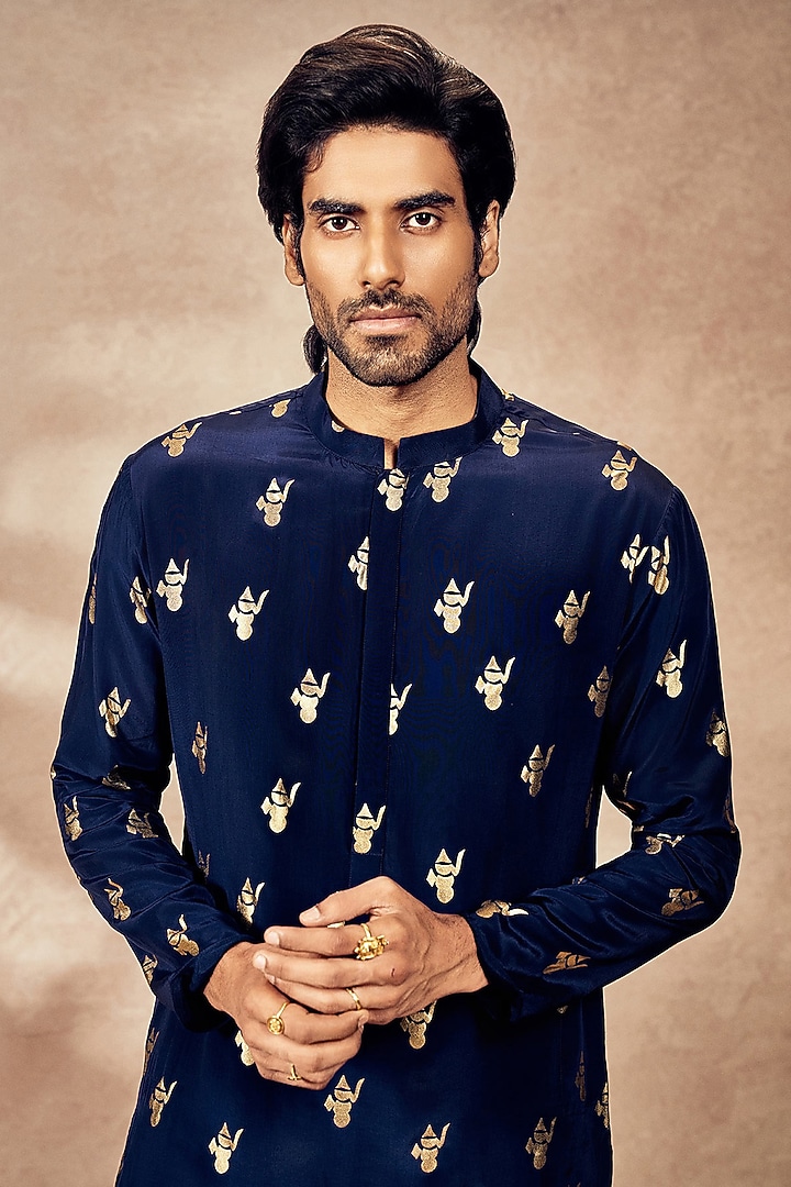 Blue Crepe Silk Foil Printed Kurta by Masaba Men at Pernia's Pop Up Shop
