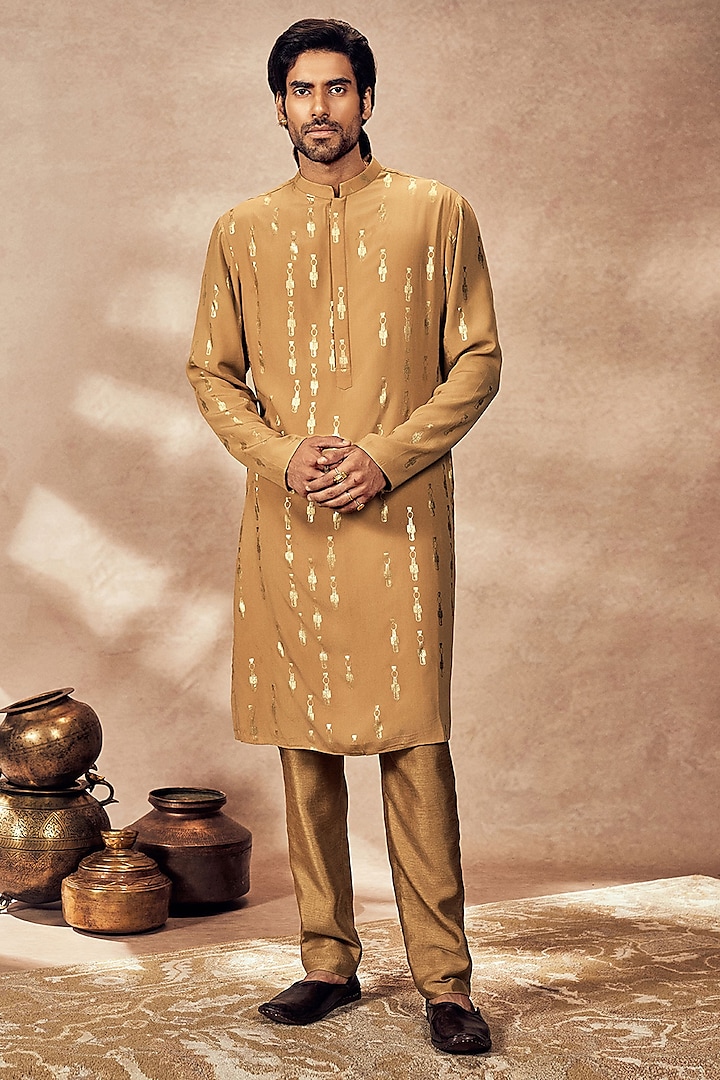 Beige Crepe Silk Tribal Pillar Foil Printed Kurta by Masaba Men