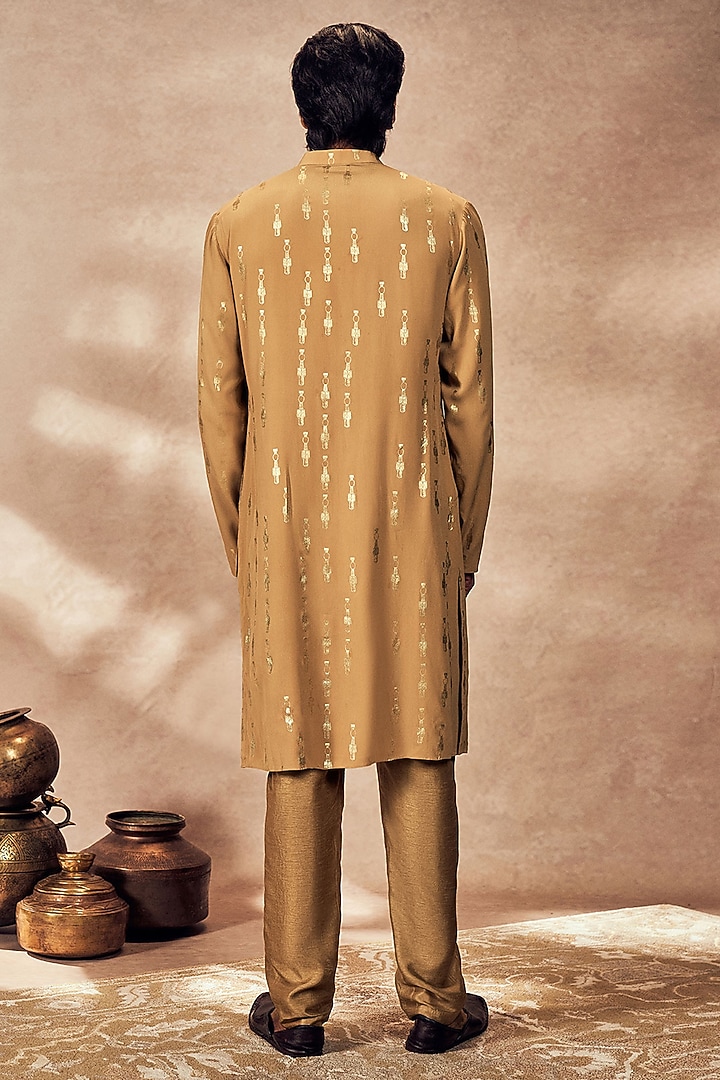 Beige Crepe Silk Tribal Pillar Foil Printed Kurta by Masaba Men at Pernia's Pop Up Shop