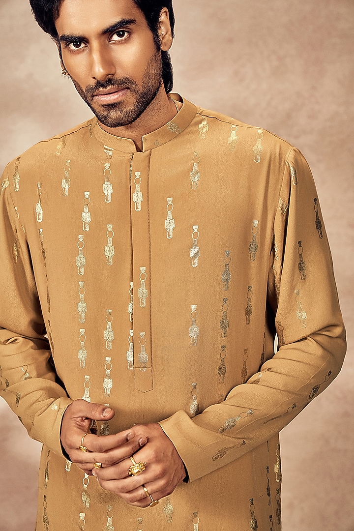 Beige Crepe Silk Tribal Pillar Foil Printed Kurta by Masaba Men at Pernia's Pop Up Shop