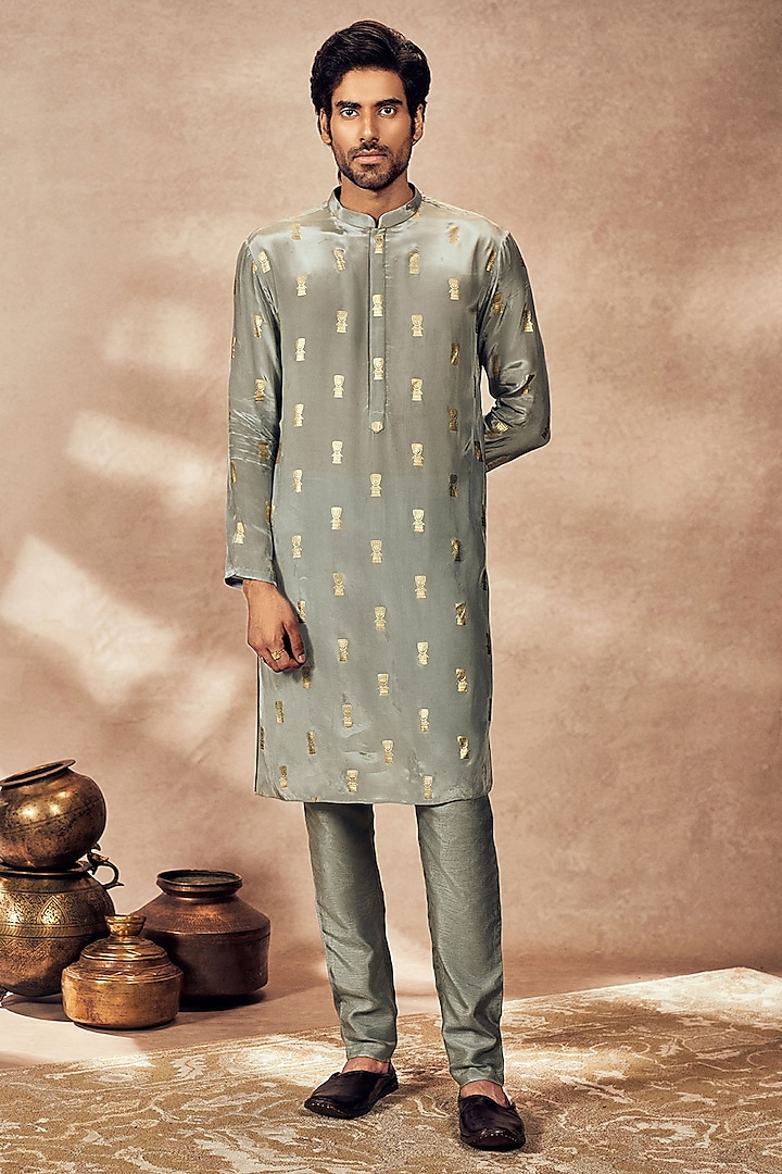 Grey Crepe Silk Timber Tribe Foil Printed Kurta by Masaba Men