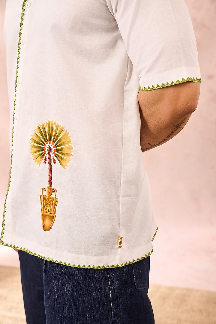 White Linen Digital Printed & Hand Embroidered Wedding Shirt by Masaba Men at Pernia's Pop Up Shop