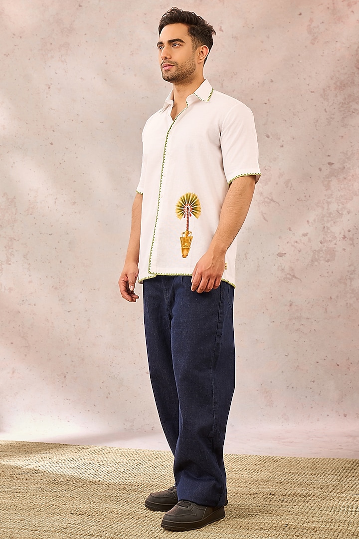 White Linen Digital Printed & Hand Embroidered Wedding Shirt by Masaba Men at Pernia's Pop Up Shop