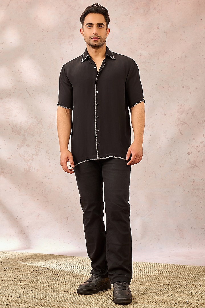 Black Crepe Silk Digital Printed Shirt by Masaba Men