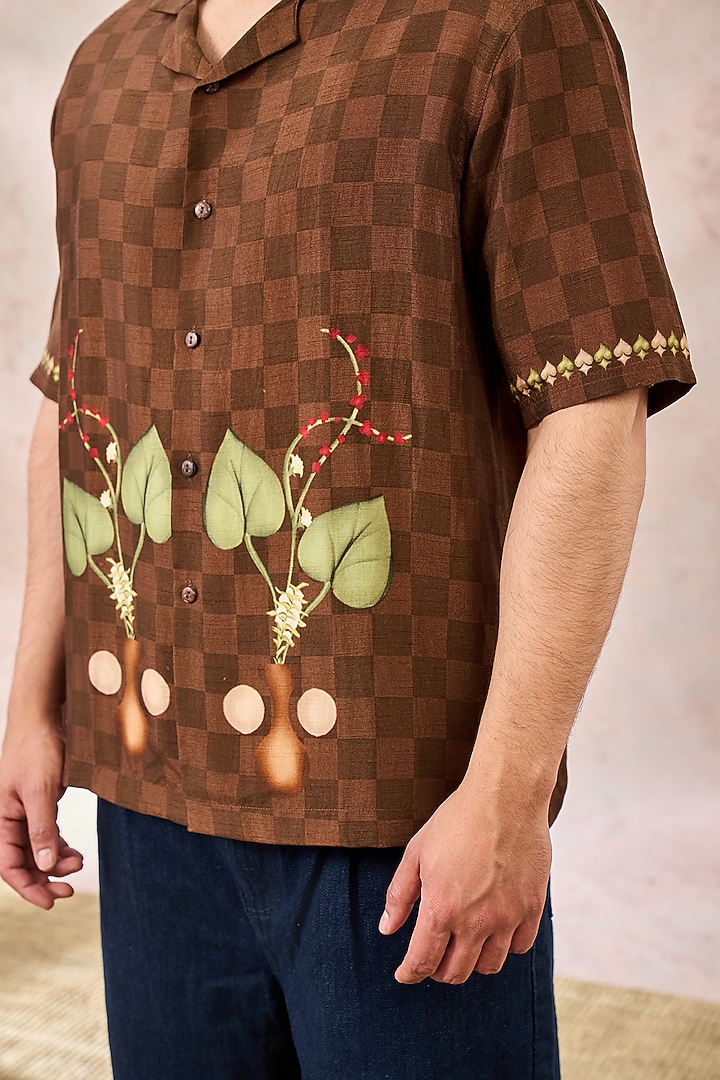 Brown Raw Silk Printed Shirt by Masaba Men at Pernia's Pop Up Shop