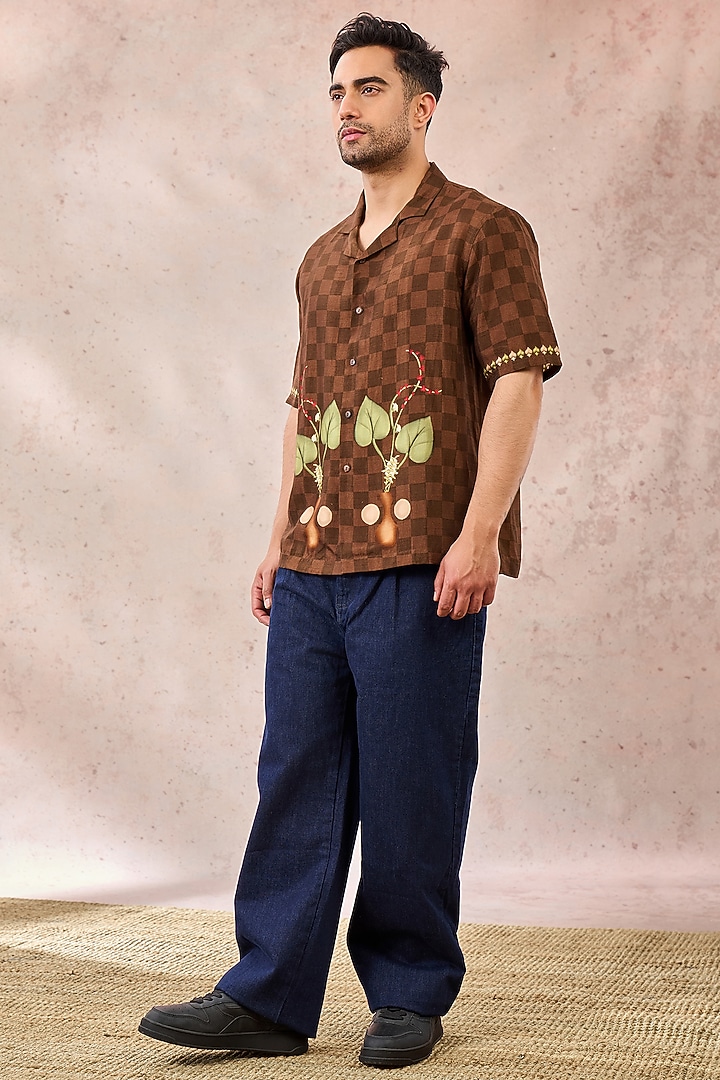 Brown Raw Silk Printed Shirt by Masaba Men at Pernia's Pop Up Shop
