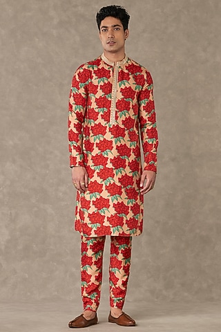 Salmon Raw Silk Digital Printed Pants by Masaba Men