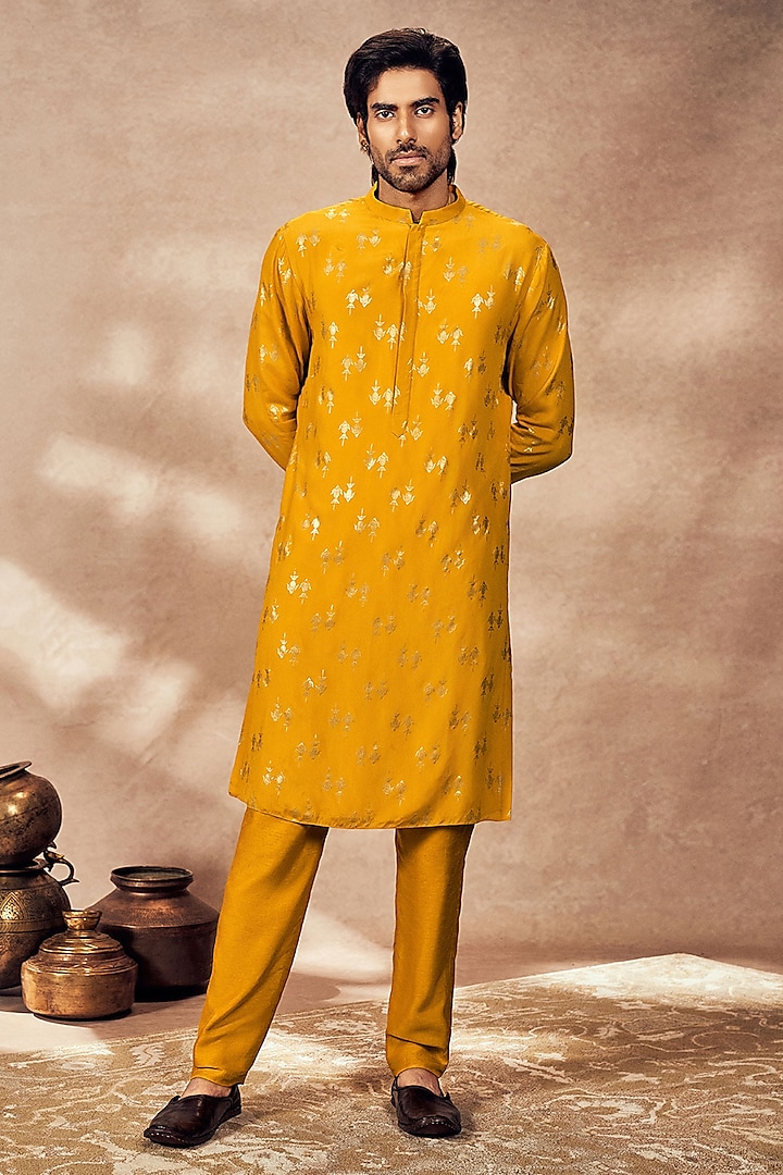 Mystic Yellow Crepe Silk Foil Printed Kurta by Masaba Men