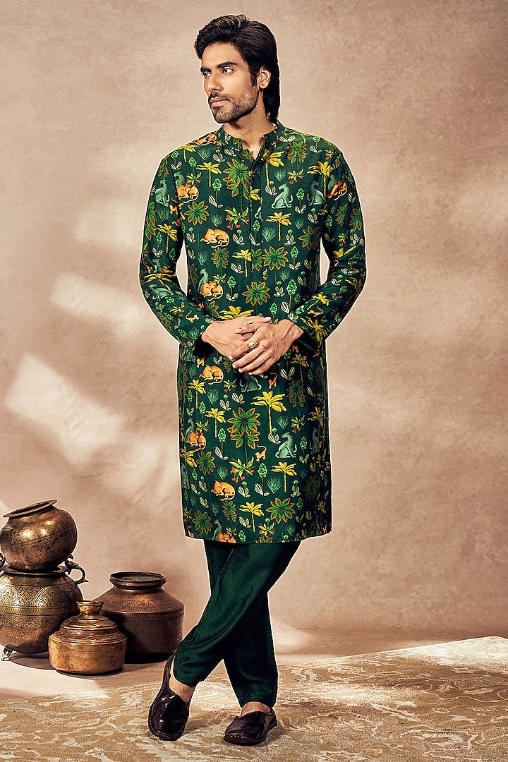 Green Tropical Rhapsody Raw Silk Digital Printed Kurta by Masaba Men