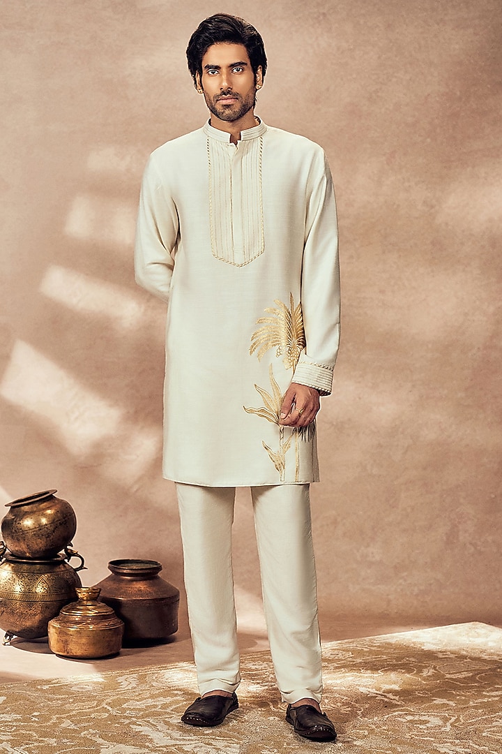 Ivory Tussar Silk Digital Printed Kurta by Masaba Men