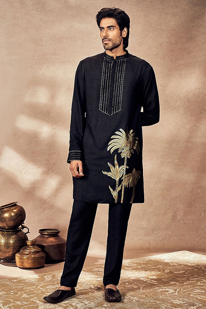 Black Tussar Silk Digital Printed Kurta by Masaba Men