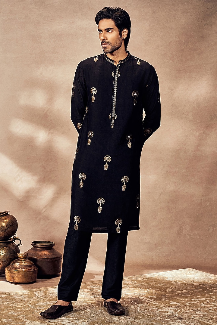 Black Jacquard Silk Kurta by Masaba Men