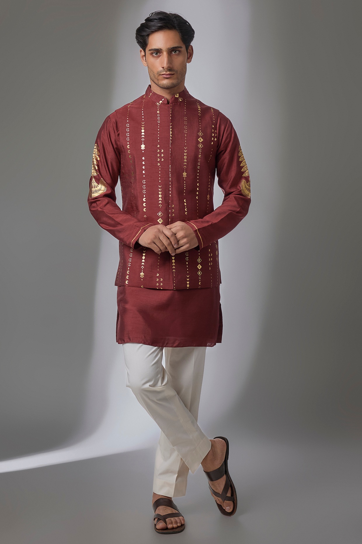 Masaba Maroon Viscose Crepe Nehru Jacket Set