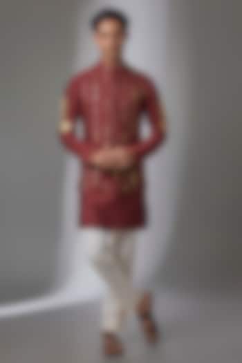 Maroon Viscose Crepe Nehru Jacket Set by Masaba Men at Pernia's Pop Up Shop