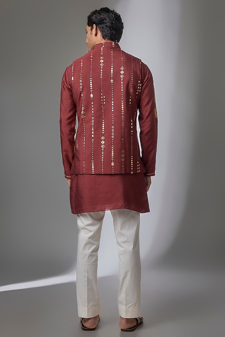 Maroon Viscose Crepe Nehru Jacket Set by Masaba Men at Pernia's Pop Up Shop