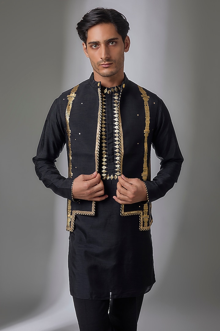 Black Viscose Crepe Nehru Jacket Set by Masaba Men at Pernia's Pop Up Shop