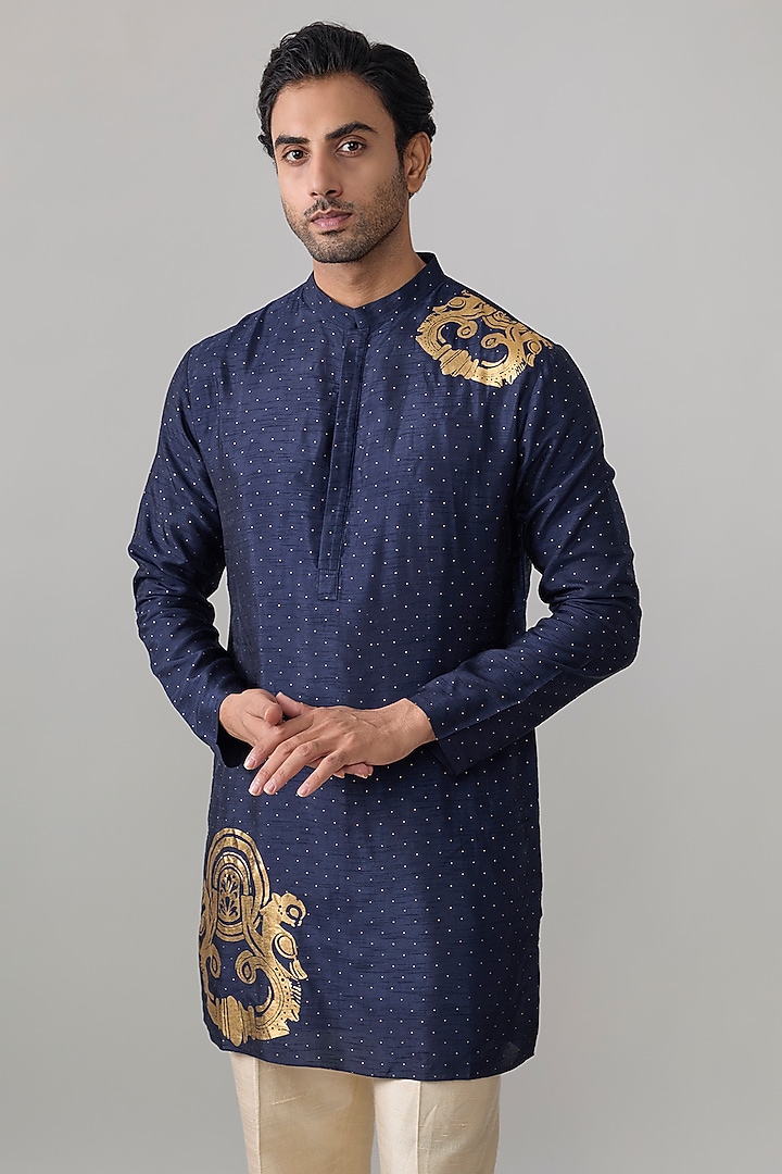 Navy Blue Viscose Slub Kurta by Masaba Men at Pernia's Pop Up Shop